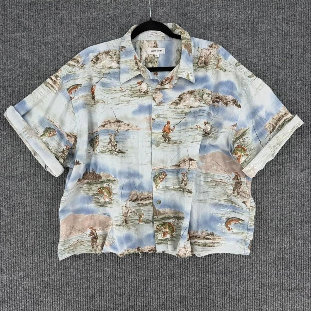 Pierre Cardin cropped fishing camp shirt oversized boxy button up blue 2XLT